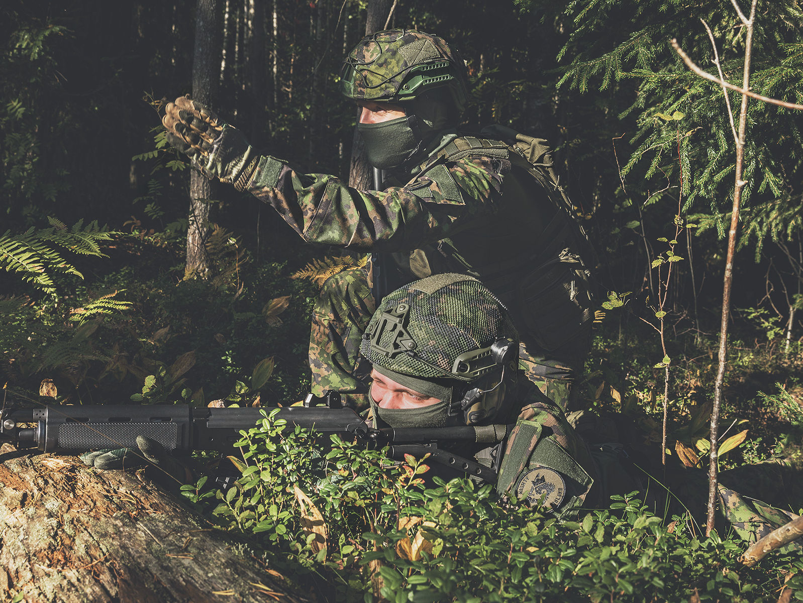 Kaksi reserviläistä tähystää metsässä